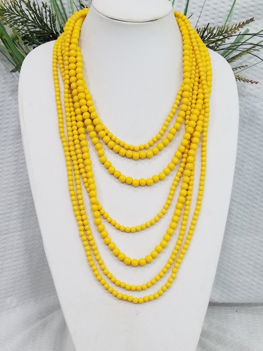 Vintage Signed Our World Yellow Bead Cascading Multi Layer Statement Necklace